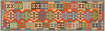 Flat Weave Kilim, Antique, Navaho, Vintage, Handmade, Geometric Kilim Rust Blue Hand-Woven Runner 100% Wool Area Rug 3 x 10